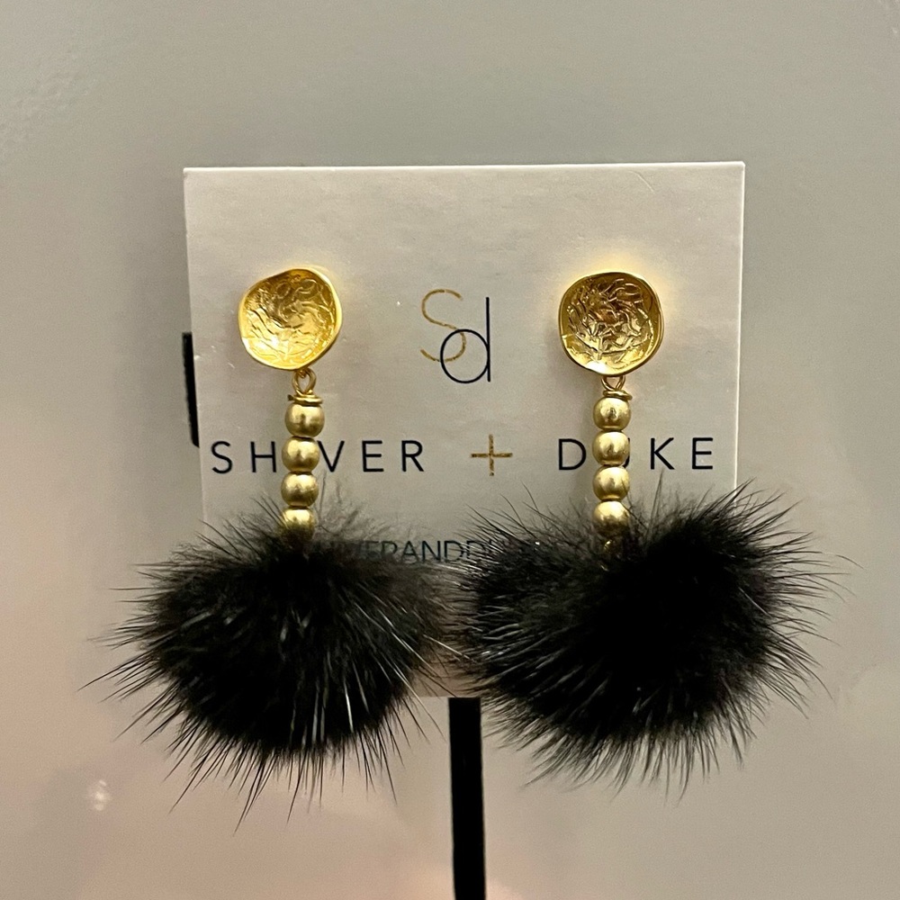 Black and gold pom pom and beaded dangle earrings